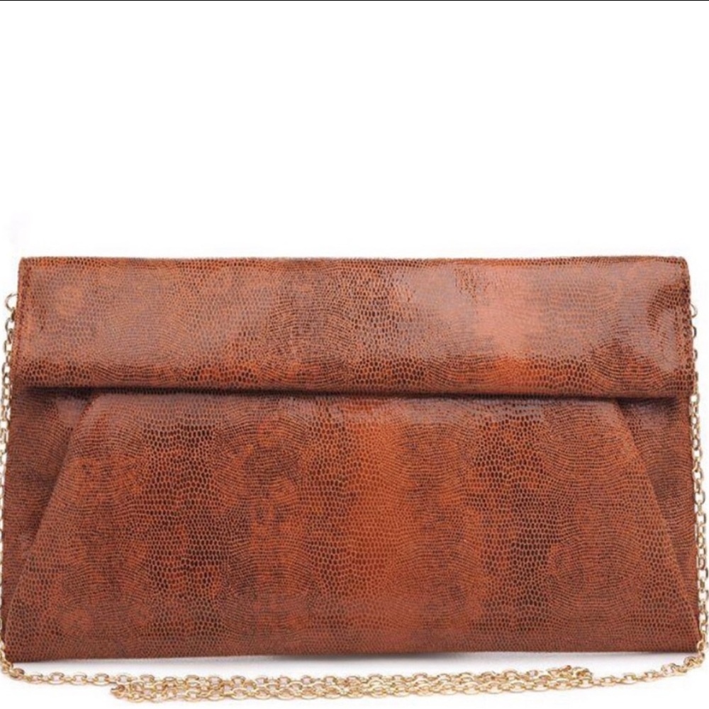 Chic Brown Textured Clutch with Gold Chain